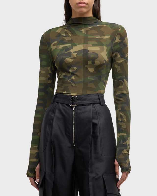 Camo Logo-Print Turtleneck Long-Sleeve Sheer Top